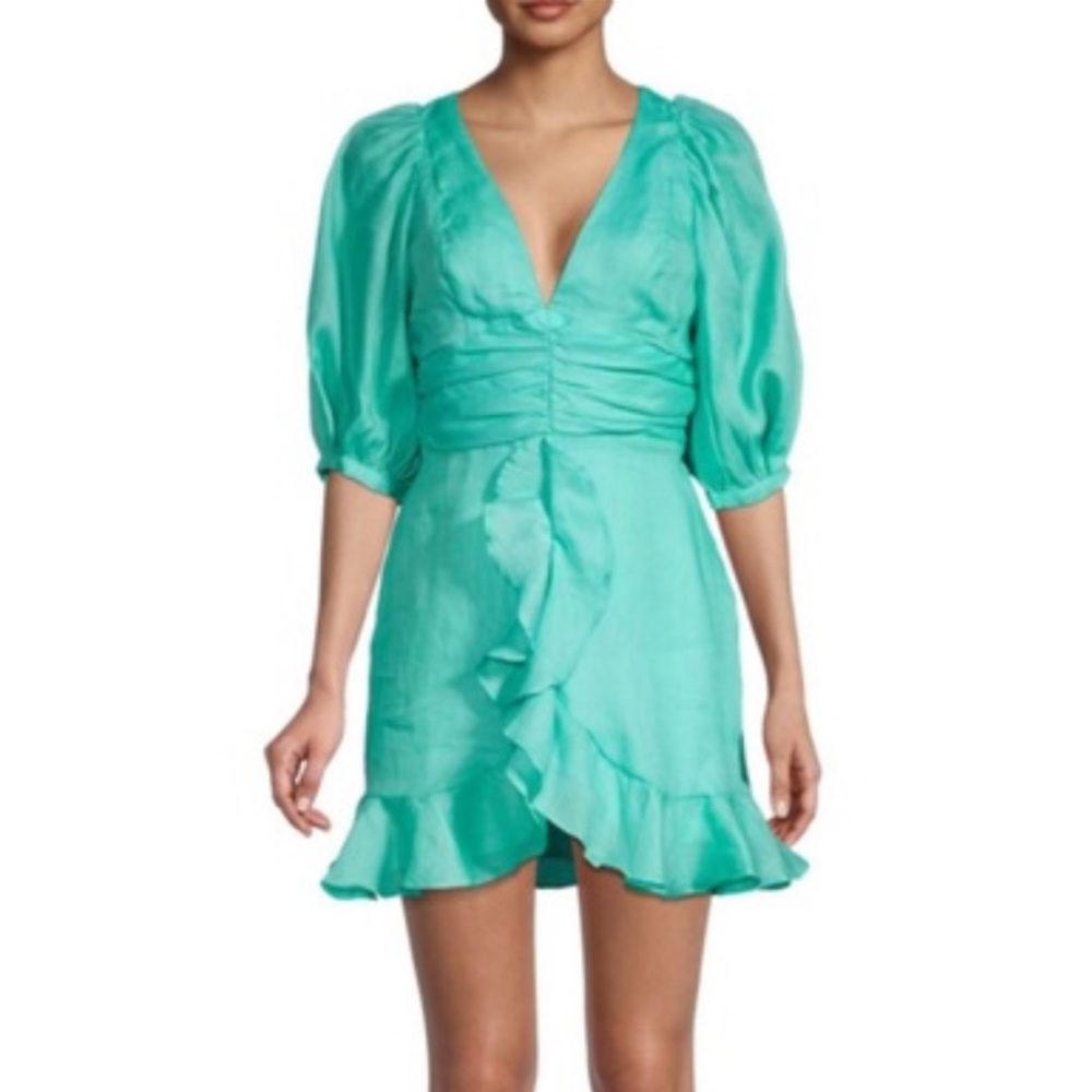 NWT Bardot Aura Mini Dress Puff Sleeves In Sea Foam Size S/4 Ruffles Party $159